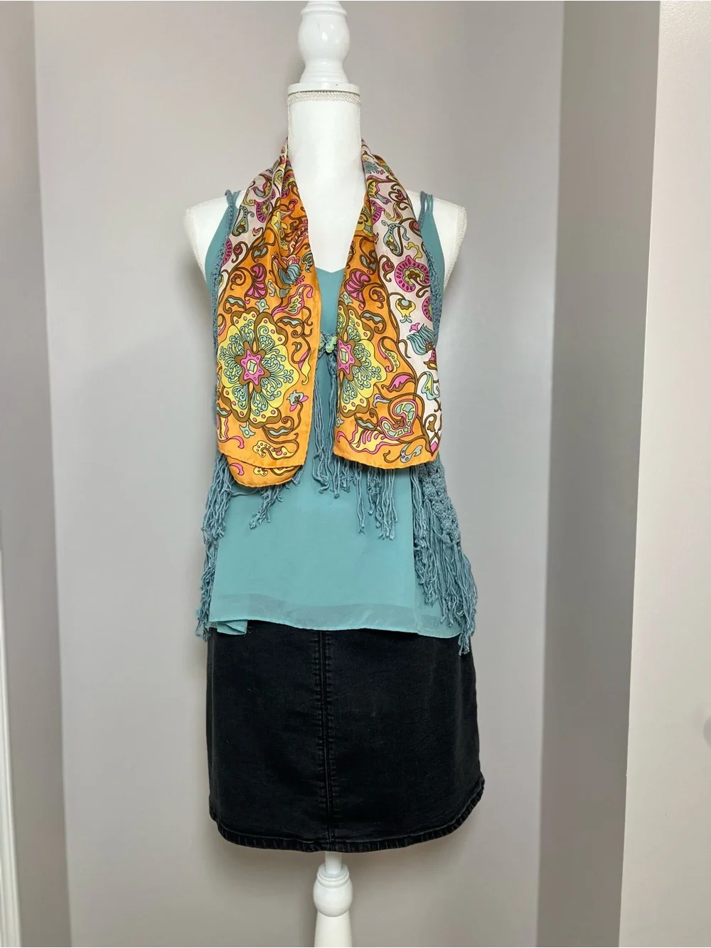 Vintage 1970s 100% Silk Long Paisley Floral Scarf Wrap Orange Boho Festival 🧡